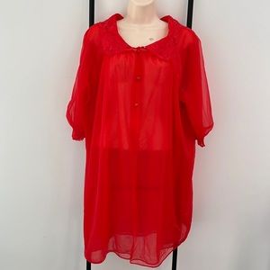 Vintage 60s Gaymode Penneys Nylon Sheer Red Lace Robe 3/4 sleeve women size M
